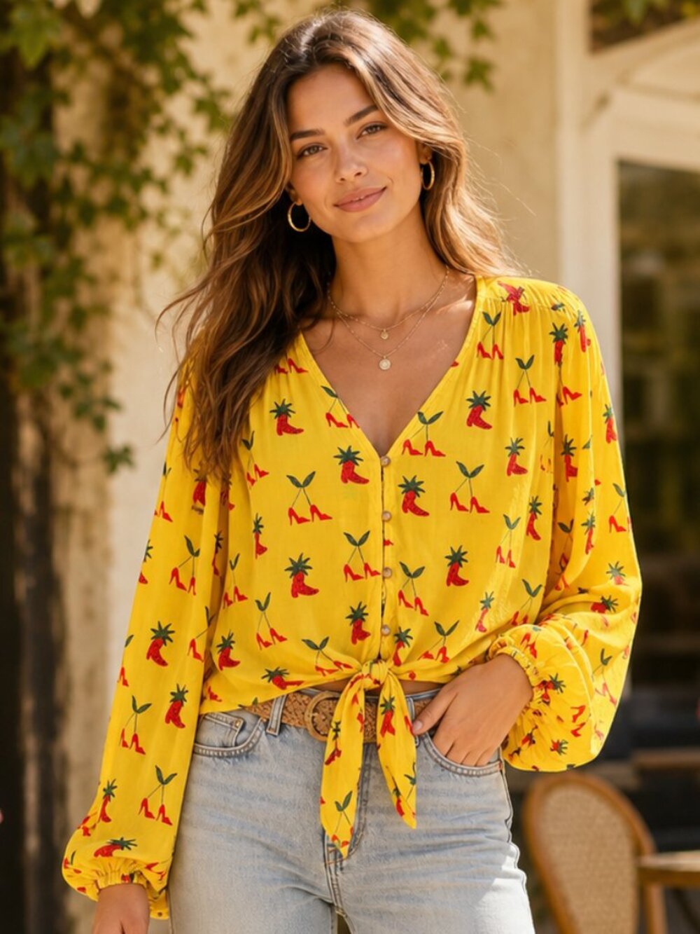 Anthropologie Kendra Dandy Dreamer Tie Front Button Down Top Yellow Size 4